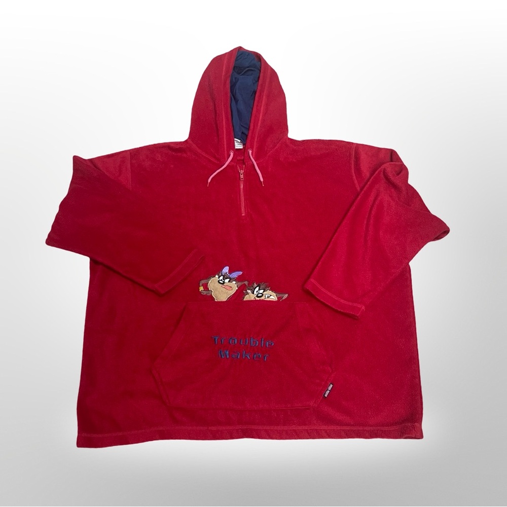 Vintage 90's Looney Tunes Sweater Red‎ Fleece embroidered Taz And Girlfriend